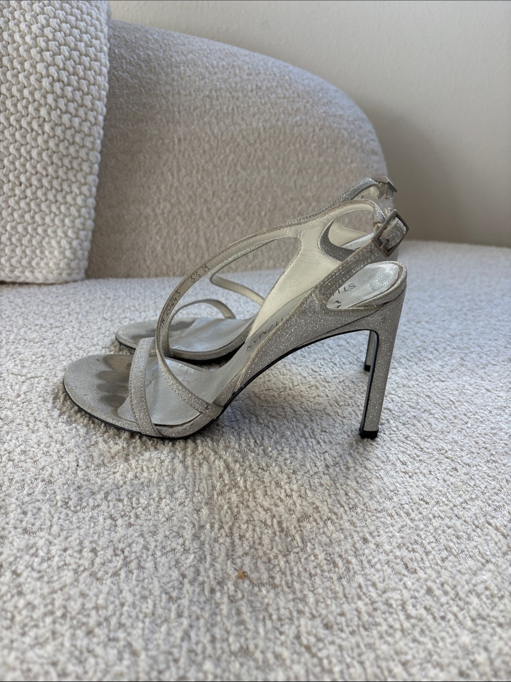 Stuart Weitzman Silver Glitter Strappy Stiletto Sandals